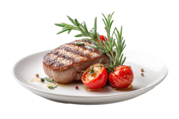 PNG Grilled steak with herbs and cherry tomatoes on white plate