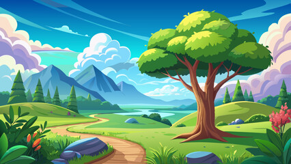 Serene Landscape with Lush Green Tree and Puffy Clouds very beautiful
