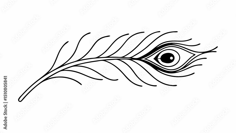 Poster a single black and white peacock feather with an eye shaped pattern at the tip on a white background