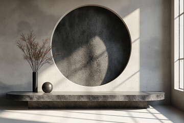 A black vase with a white ball inside sits on a gray bench