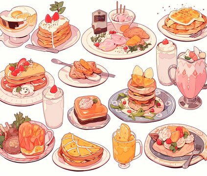 Charming food and drink illustration, dreamy style, warm colors, detailed arrangement, nostalgic harmony.