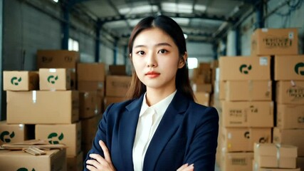 Confident businesswoman in a warehouse full of stacked boxes, overseeing operations efficiently