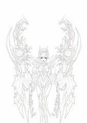 Obraz premium Fantasy warrior against white background, intricate armor and wings, holding weapon, dynamic pose.