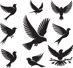 Set of flying bird silhouettes in vector design representing freedom and nature