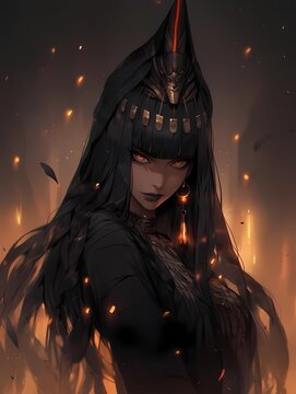 Mysterious woman exuding power mystique, striking features illuminated by fiery embers, dark backdrop, vibrant red jewels, elegant jewelry, anime illustration.