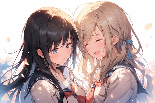 Anime illustration of two young women in school uniforms, sunset background.