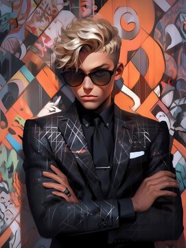 Young man with blonde hair and undercut in black suit and sunglasses against graffiti background