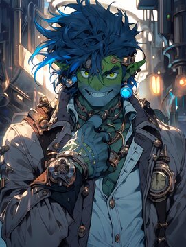Male goblin character, blue hair green skin, steampunk jewelry, industrial background.