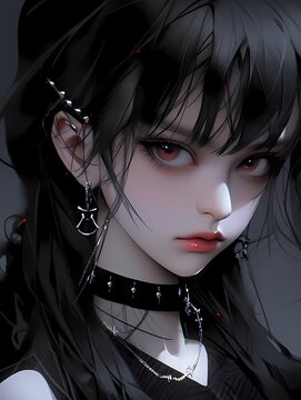 Young individual with dark hair and red eyes wearing gothic choker against muted gray background.