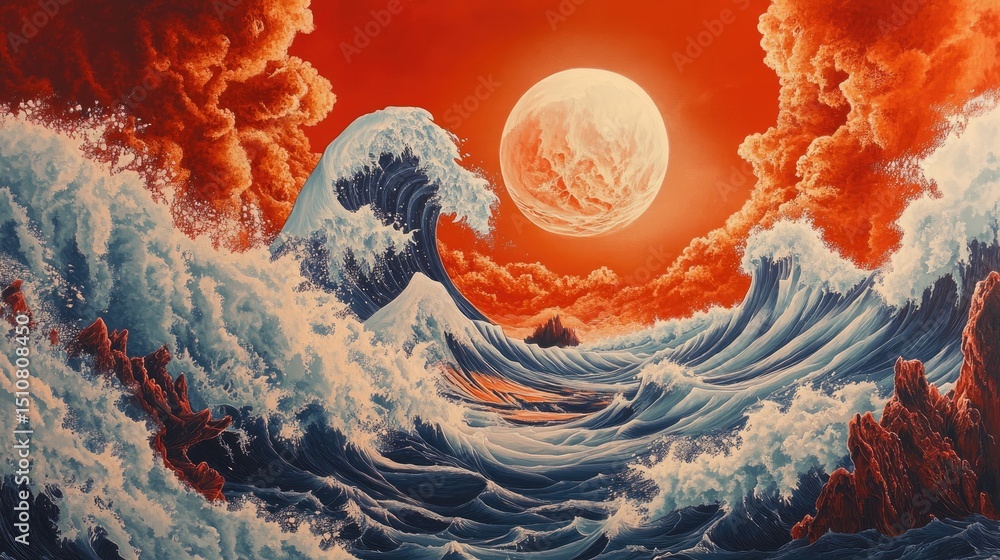 Poster surreal and aesthetic sea view with large waves curling rhythmically across the canvas. rich in deta