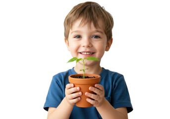 Happy toddler holding a small plant in a pot