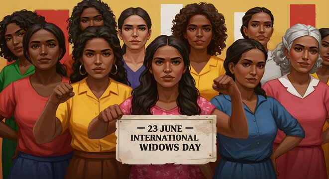 Group of women holding sign for international widows day on june twenty third