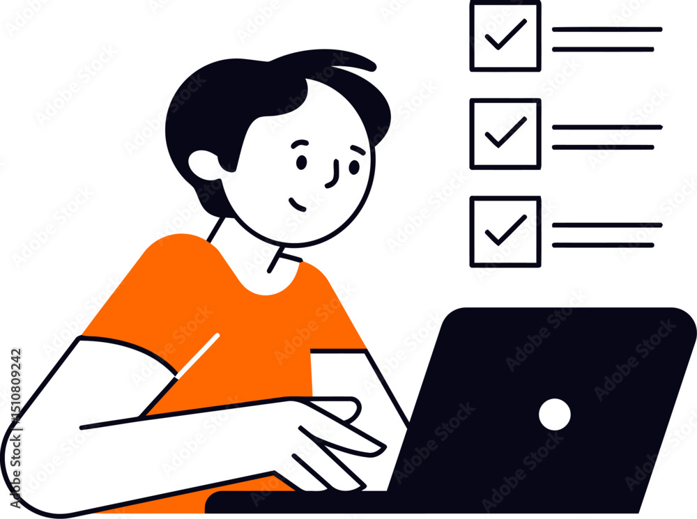 Poster illustration of man using laptop completing checklist online survey form task management system vect