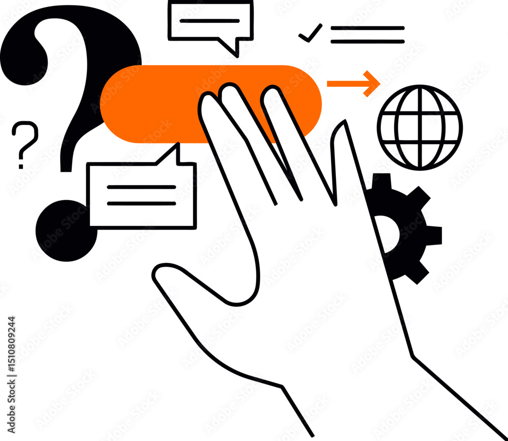 Poster hand interaction with orange ui element for website design and user experience illustration concept 