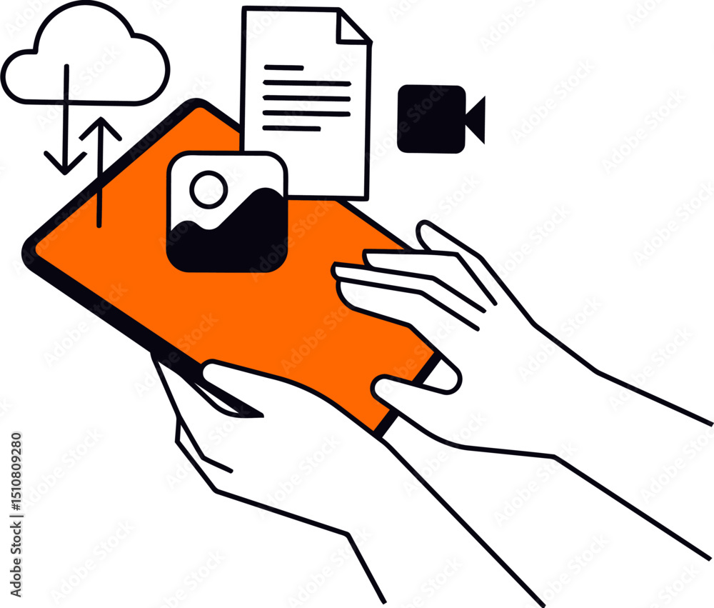 Poster cloud storage data transfer file management image upload document sharing hands holding tablet conce