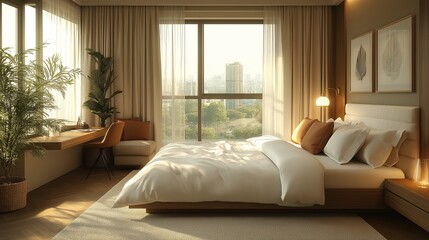 Fototapeta premium Modern hotel bedroom with pastel accents, crisp white bedding, large windows with sheer curtains, a small desk, a warm and bright atmosphere