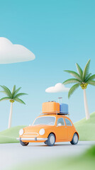 Obraz premium Orange Car with Luggage on Road in Tropical Landscape