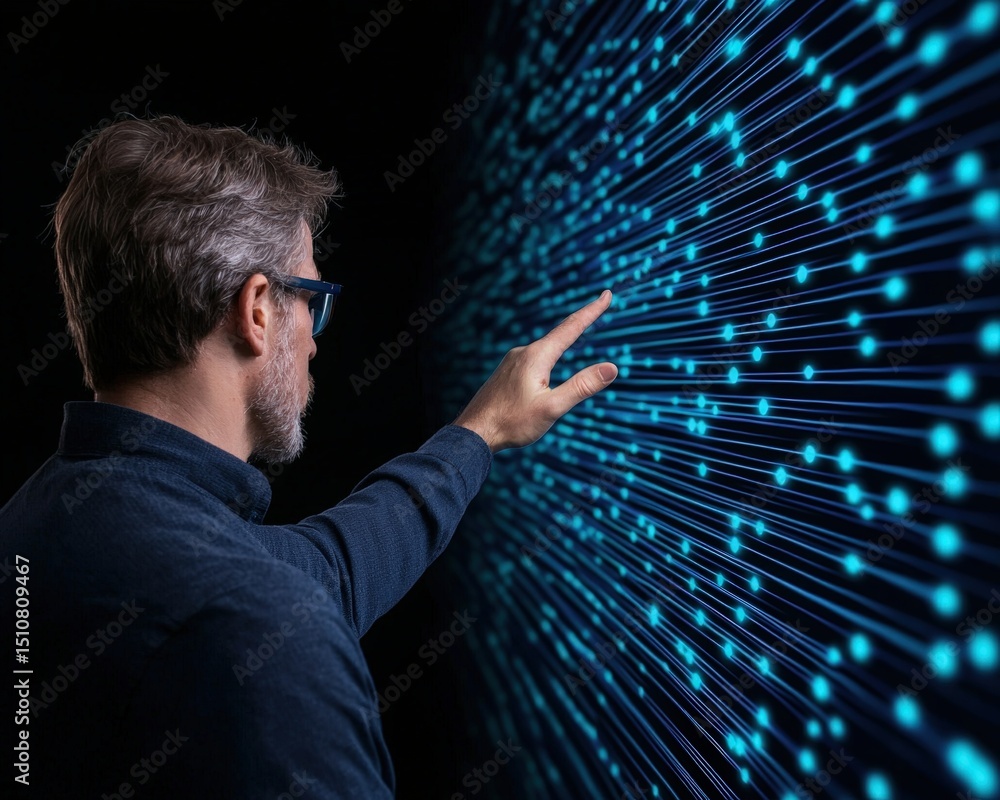 Poster a man interacts with a digital data interface, touching glowing blue lines and nodes on a futuristic