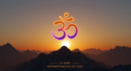 Aum symbol over mountains at sunset for international day of yoga on june twenty first