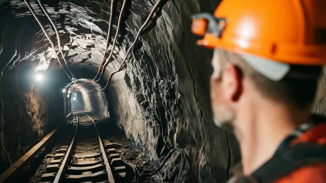 A miner wearing a helmet, standing inside a dark tunnel, with train tracks illuminated by bright lights.