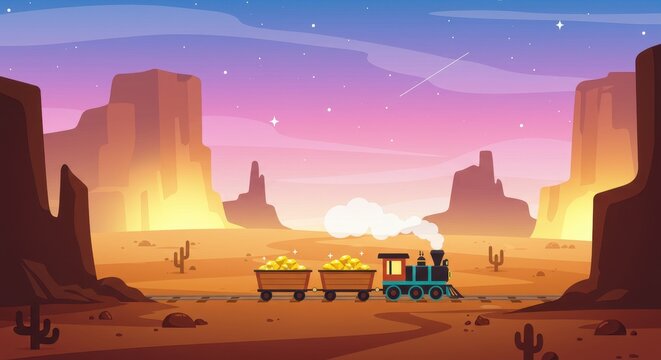 A colorful cartoon train pulls gold-filled carts through a twilight desert with mountains