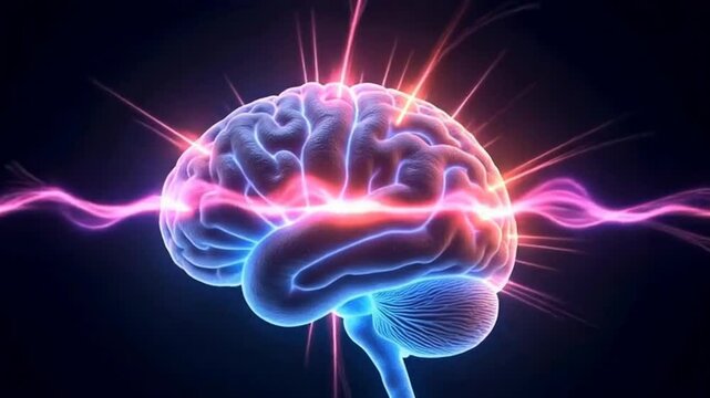 A glowing human brain emitting colorful energy waves on a dark background.