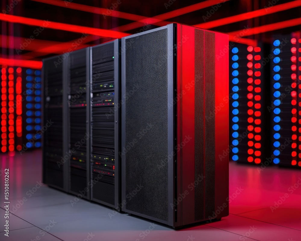 Poster modern data center server racks illuminated by vibrant red and blue led lights, showcasing advanced 