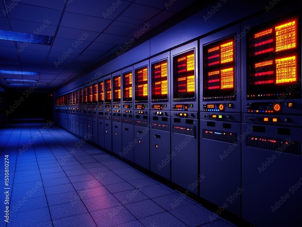 Aufkleber a row of illuminated servers and control panels in a high-tech, dimly lit data center.