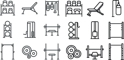 Gym equipment icons set for fitness and workout design projects
