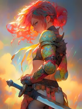 Anime illustration of female warrior with multicolored hair and intricate armor, serious expression, fantasy.