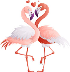 Flamingos in Love. A Romantic Illustration of Two Birds with Hearts Above Them.
