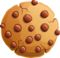 Cartoon Chocolate Chip Cookie with Cracks, Delicious Treat, Isolated on White