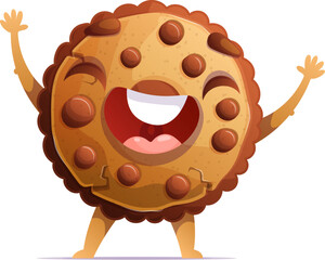 Happy Chocolate Chip Cookie Character with Arms Raised in Celebration, Cartoon Style.
