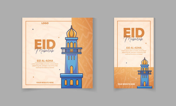 Eid mubarak greeting card, Eid al Adha Islamic social media post story template with pattern, mosque
