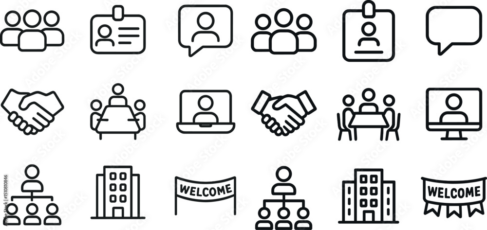 Poster business and networking line icons collection for office and communication design