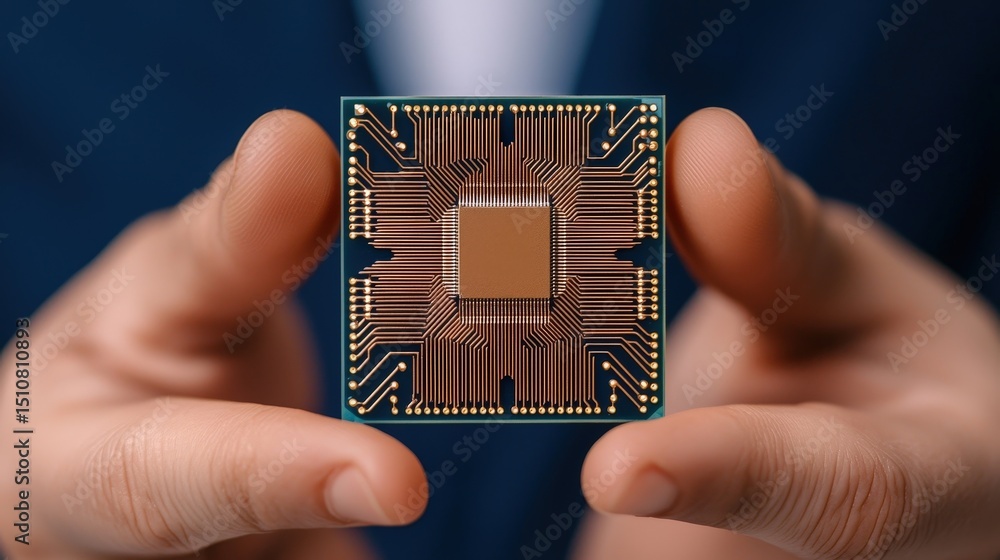 Poster a person holds a computer microchip between their fingers, showcasing intricate circuitry and modern