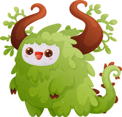 Cute Green Monster Character with Big Horns and Tail with Spikes, Cartoon Illustration