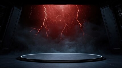 A dramatic stage with a circular platform, dark mist, and intense red lightning illuminating the background.