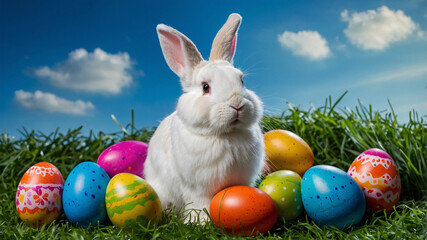 White Easter bunny sitting on green grass surrounded by colorful painted eggs under a bright blue sky with fluffy clouds