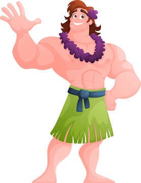 Muscular Cartoon Man in Hula Skirt and Lei Waving Hello, Isolated Illustration.