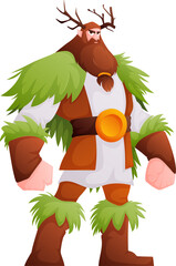 Forest Guardian with Antlers and Green Foliage Armor Cartoon Style Character