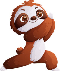 Cartoon Sloth Practicing Yoga, Cute Animal in Warrior Pose, Isolated on White.