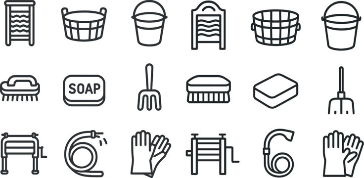 Classic laundry tools and cleaning accessories icon set for household design