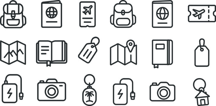 Travel essentials icons for modern journey design and planning