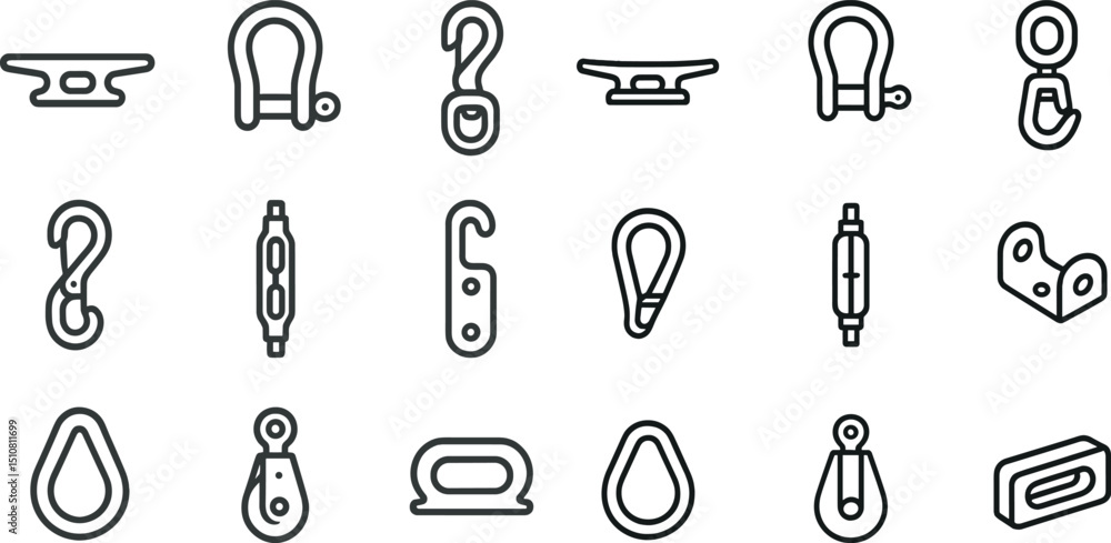 Poster nautical and industrial hooks and fasteners icon set for design projects