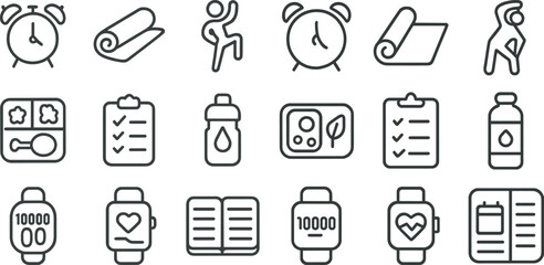 Fototapeta premium Fitness and health icon set featuring exercise, nutrition, and tracking concepts