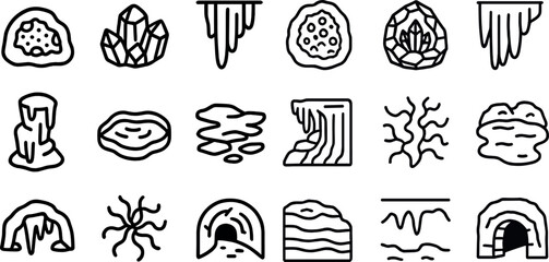 Geology and nature icon set featuring crystals, caves, and natural formations