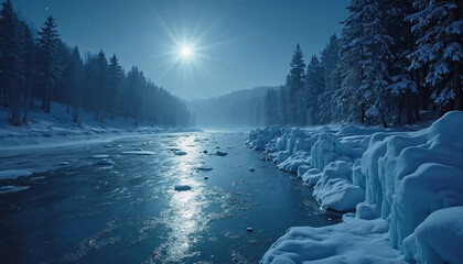 Frozen River with Snow-Covered Banks and Light Source