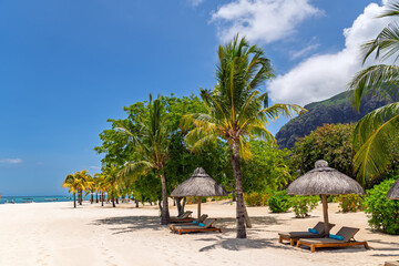 Empty Beach Chairs and Straw Parasols on White Sand by Palm Trees.Luxury Resort Vacation.Relaxing Getaway.Sunbeds with Towels under Thatched Umbrellas on a Sunny Tropical Beach.