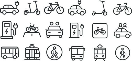 Sustainable transportation icons for eco-friendly design projects
